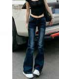 MQTIME  -  Retro Deep Blue Denim Jeans Women's Spring Slim Fit Elastic Micro Flared Pants Small Stature Casual Low Waist Long Trousers