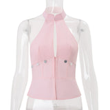 MQTIME  -  summer y2k solid stand neck short sleeve Backless sleeveless single breasted fashion Tanks