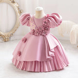 MQTIME  -  Flower Appliques Wedding Birthday Dresses For Girls Satin Sequined Christening Party Gown Kids Child Pageant Clothes 3-10