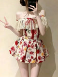 MQTIME  -  French Floral Print Two Piece Set Off Shoulder Lace Ruffle Bow Slim Fit Crop Top Bubble Mini Skirt Women Sexy Summer Party Wear