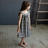  MQTIME  -  Retro Linen Black And White Plaid Girls Square Neck Dress Summer New Baby Girl Cotton Linen Loose Breathable Sleeveless Dresses
