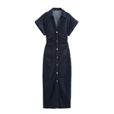 MQTIME  -  Spring Summer New Series Denim Dress Lapel Side Zipper Fashion Wrinkle Waist Slim Elegant Female Vestidos