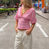 MQTIME  -  Striped V Neck Short Sleeve Top Women Elegant Wrap Front Slim Fit Casual Tee Summer New Lady Chic Commute Street Outerwear
