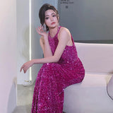 Mqtime New sequined fuscia backless sext lady girl prom dress party evening dancing performance bridemaid dress free ship