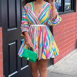 MQTIME  -  Elegant V-neck High Waist Pleat Dress Leisure Half Sleeve Tie-up A-line Dress Lady Summer New Stripe Contrast Printed Mini Dress