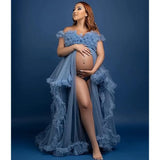 MQTIME  -   Sexy Maternity Gowns Photoshoot V Neck Ruffles A Line Sweep Train Tulle Pregnant Women Maternity Dresses for Photo Shoot