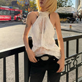  MQTIME  -  Women Solid Sheer Lace Halter Tank Top Y2k High Neck Sleeveless Ruched See Through Slim Blouse Ladies Street Summer Shirt