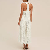 MQTIME  -  Fashion Backless Pleated Beach Dresses Sexy Women's Halter Hollow Out Holiday Dress Lace High Waist Slim Fit Summer Long Dress