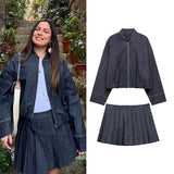 MQTIME  -  Women Pleated Skirt Set 2 Piece Autumn Women Denim Bomber Jacket Hight Street Side Zipper Sexy Short Skirt Set Women Outfit