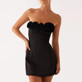 MQTIME  -  Elegant Strapless Sleeveless Slim Fit Mini Dress Women Fashion Flower Dimensional Solid Party Dress Sexy Backless Wrap Hip Dress