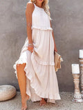 MQTIME  -  Women Boho Solid Color Dress Sleeveless Ruffled Maxi Vestidos Loose Fit Straight Hippie Dresses Layered Princess Robe