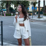 MQTIME  -  Casual  Ruffles Shirt Shorts Sets Women 2 Pieces 2025 Summer Single Breasted V-neck Loose Shirts Wide Leg Shorts Suits Solid