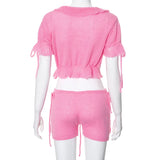 MQTIME  - Ruffles Knitted Two Piece Set Women Lace Up Ribbon Short Sleeve Shirts Crop Top Matching Shorts Summer Casual Streetwear Suits