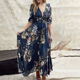 MQTIME  -  Women's Bohemian Button Down Floral Dress Summer Half Sleeve V Neck Midi Casual Dresses Beach Large Swing Women Boho Dress
