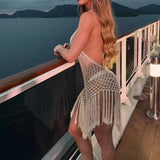 MQTIME  -  Sexy Halter Sleeveless Tight Mini Dress Fashion Hollow Tassel Hem Solid Beach Dress Elegant Sleeveless Knit Cover Up Dress