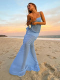 MQTIME  -  Sexy Spaghetti Strap Solid Color Sleeveless Mesh Patchwork Dress Women Slim See-Through Party Beach Holiday Long Dress