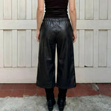  MQTIME  -  Women's Black Faux Leather Wide Leg Culotte Pants Low Waisted With Drawstring Punk Loose Fit Autumn Winter Streetwear Style Chic