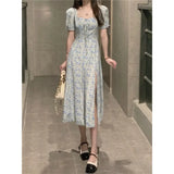 MQTIME  -  Women's Blue Floral Puff Sleeve Midi Dress Sweetheart Tie Front Split Dress