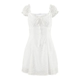 MQTIME  -  French Style White Lace Trim Short Sleeve Dress 2025 Summer A Line Bow Tie Casual Mini Dress