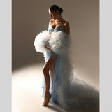  MQTIME  -  Fantastic Baby Blue Maternity Photoshoot Dresses with Rose Cape Two Pieces Pregnancy Dress Ruffle Tulle Cape Slip Dress Custom