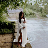  MQTIME  -  Maternity Photography Dresses Baby Shower Maxi Gown Lantern Sleeve V Neck Pregnancy Wrap Side Split Robe
