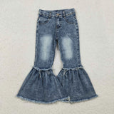  MQTIME  -  Baby Girls Denim Western Brown Cow Print Bell Bottom Kids Children Toddler Flared Pants Double Lace Pocket Jeans