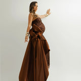 MQTIME  -  Elegant Strapless Sequin Maternity Gown Satin Bow - Formal Pregnancy for Wedding, Party, Prom Floor Length Brown Maternity Gown