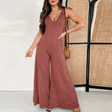 MQTIME  -  New 2024 Ladies Deep V Suspenders Romper Sexy Hollow Sleeveless Draped Jumpsuit Fashion High Street Wide Leg Long Pants Playsuit