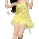 MQTIME  -  Yellow Irregular Neck Slanted Shoulder Dress Seaside Vacation Small Beach Puffy Skirt