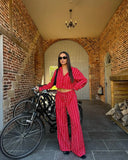 MQTIME  -  Striped Shirts Pants Sets Women 2 Pieces Single Breasted Long Sleeve Lapel Shirt Wide Leg Trousers Suits 2025 Summer Vacation
