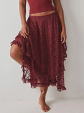 MQTIME  -  Women Lace Ruffle Courtship Half Slip Elastic Waist Asymmetrical Hemline Midi Skirts Semi Sheer Layered Maxi Skirts