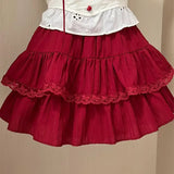 MQTIME  -  Summer Sweet Patchwork Two Piece Set Women Ruffle Lace Tops + Red Pleated Mini Skirt Suit Korea Kawaii Design Bow Cute Outfits