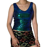 MQTIME  -  Stylish Women s Sleeveless Sequin Crop Top with V-Neck and Shimmering Details - Trendy Streetwear Fashion for Summer