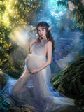 MQTIME  -   Women Photography Props Champange Mesh V-neck Fairy Elegant Maternity Dresses Perspective Pregnancy Dress for Studio Shooting
