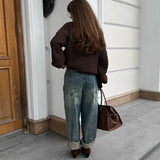 MQTIME  -  Oversize Knit Solid Women Sweater O Neck Full Lantern Sleeve Lady Pullover 2024 Autumn Elegant Solid All-match Female Knitwear