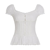 MQTIME  -  Y2k Lace Patchwork Solid Square Collar Sweet Puff Sleeve Ruffles Single Breasted Women Shirt