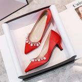 MQTIME  -  Fashion New Thin Heel Pointed Pearl Rhinestone French Low Heel High Heels Single Shoes