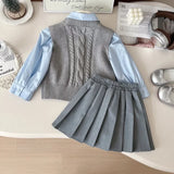 MQTIME  -  3Pcs Girls Clothes Sets Long Sleeve Shirt+Knitted Sweater Vest+Skirt Korean College Style Children Clothing Suits 2 3 4 5 6 7Yrs