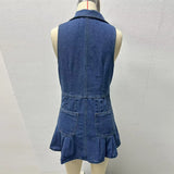 MQTIME  -  Lapel V-neck Sleeveless A-line Denim Dress for Women Pleat Ruff Hem Short Skirt High Street Single-breasted Elegant Casual Skirt