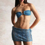 MQTIME  -  Tube Top with Tie Half Skirt Set 2025 Spring New Resort Style Cut Out Short Skirt Three Piece Set