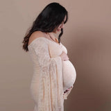  MQTIME  -  Maternity Off Shoulder Lace Maxi Dress Bell Sleeves Pregnant Long Gown Dresses For Photoshoot Baby Shower