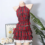 MQTIME  -  Fashion kawaii 2 Pieces Set Sexy Women 2025 Summer New Strapless Plaid Crop Top+Lotus Leaf zip Mini Skirt Girls Y2K Streetwear