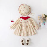 MQTIME  -  0-2Y Baby Girls Clothes Full Of Cherry Print Baby Dress Long Sleeve Cherry Dresses Runched Dress with Hat