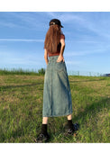 MQTIME  -  2024Women's Vintage Denim Half Skirt Women's New High Waist Wrapped Hip Slim A-line Skirt Mid length Skirt