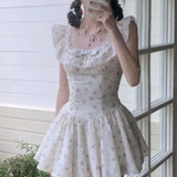 MQTIME  -  New Fairy French Lace Edge Square Collar Sleeveless Dress Y2k Sweet Korean Print Slim Waist Clothes Summer Preppy Style Dress