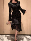  MQTIME  -  New Crew Neck Black Floral Lace Elegant Midi Dress Sexy Mesh Long Flare Sleeve Wedding Guest Dresses Women's Luxury Party Dress