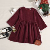  MQTIME  -  Girls Corduroy Dress Autumn Winter New Round Neck Warm Princess Dress Waist Pleated Back Buttons Long-Sleeved Dresses For Kids