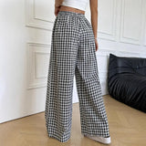  MQTIME  -  New High Waist Plaid Wide Leg Pants Women's Summer Casual Loose Walking Trousers Cross-Border Straight Cut Pants