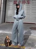 MQTIME  -  American Casual Sportswear Set, Women'S Autumn And Winter Gray Student Hoodie, Wide Leg Pants Two-Piece Set