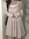  MQTIME  -  Korean Chic Plaid Summer Sweet Sleeveless Edible Tree Fungus All Match Dresses